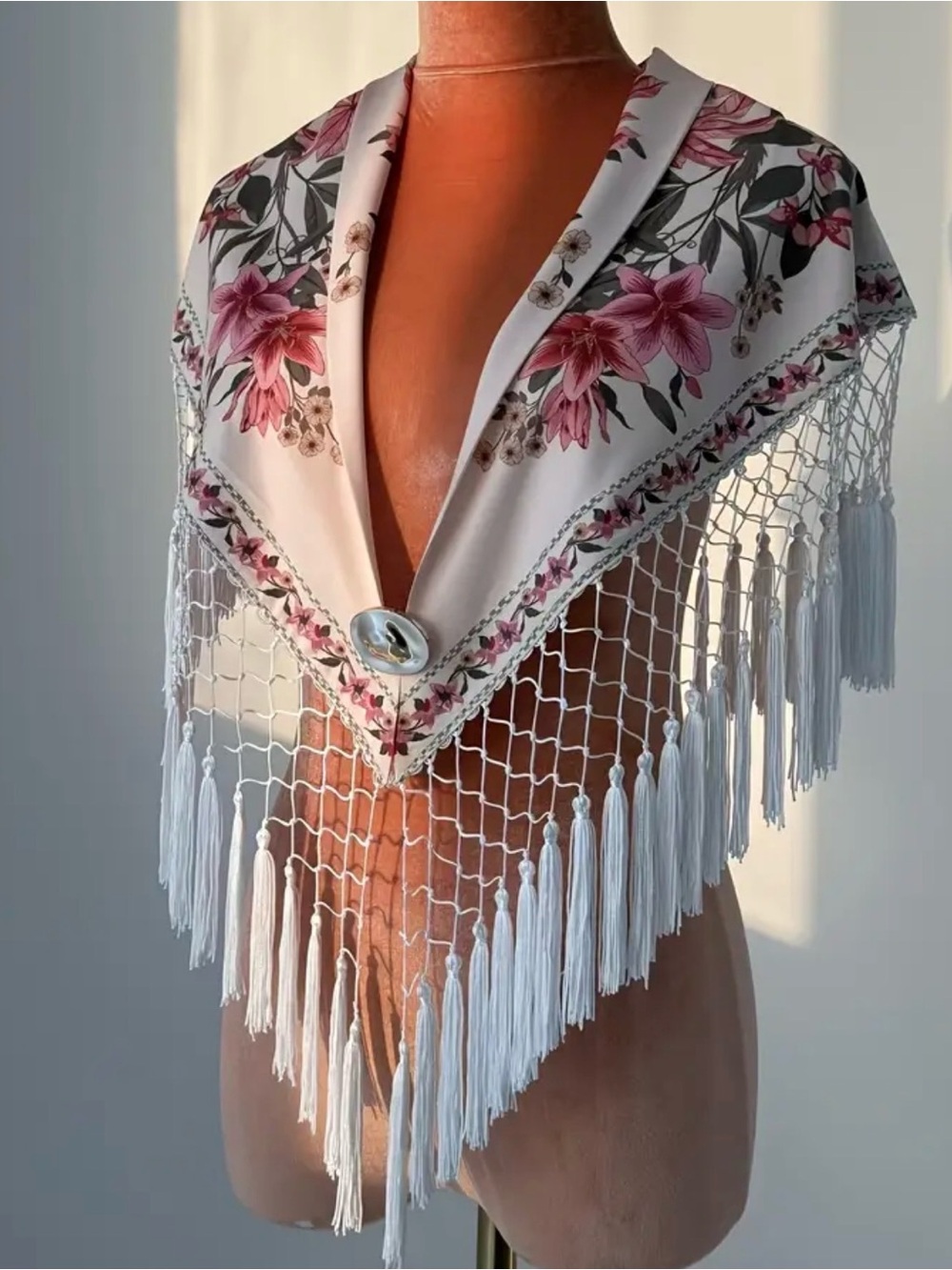 Floral Pink & White Fringe Triangle Scarf Wrap - Picture 8 of 11